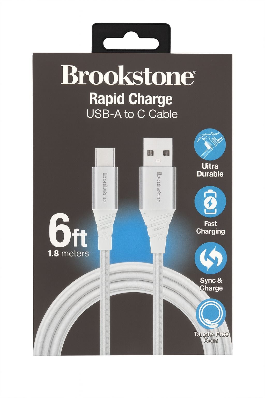 BROOKSTONE 6FT USB-A TO C CABLE RAPID CHARGE - FAST CHARGING - TANGLE FREE - BK13-AC6BR-WT - WHITE (
