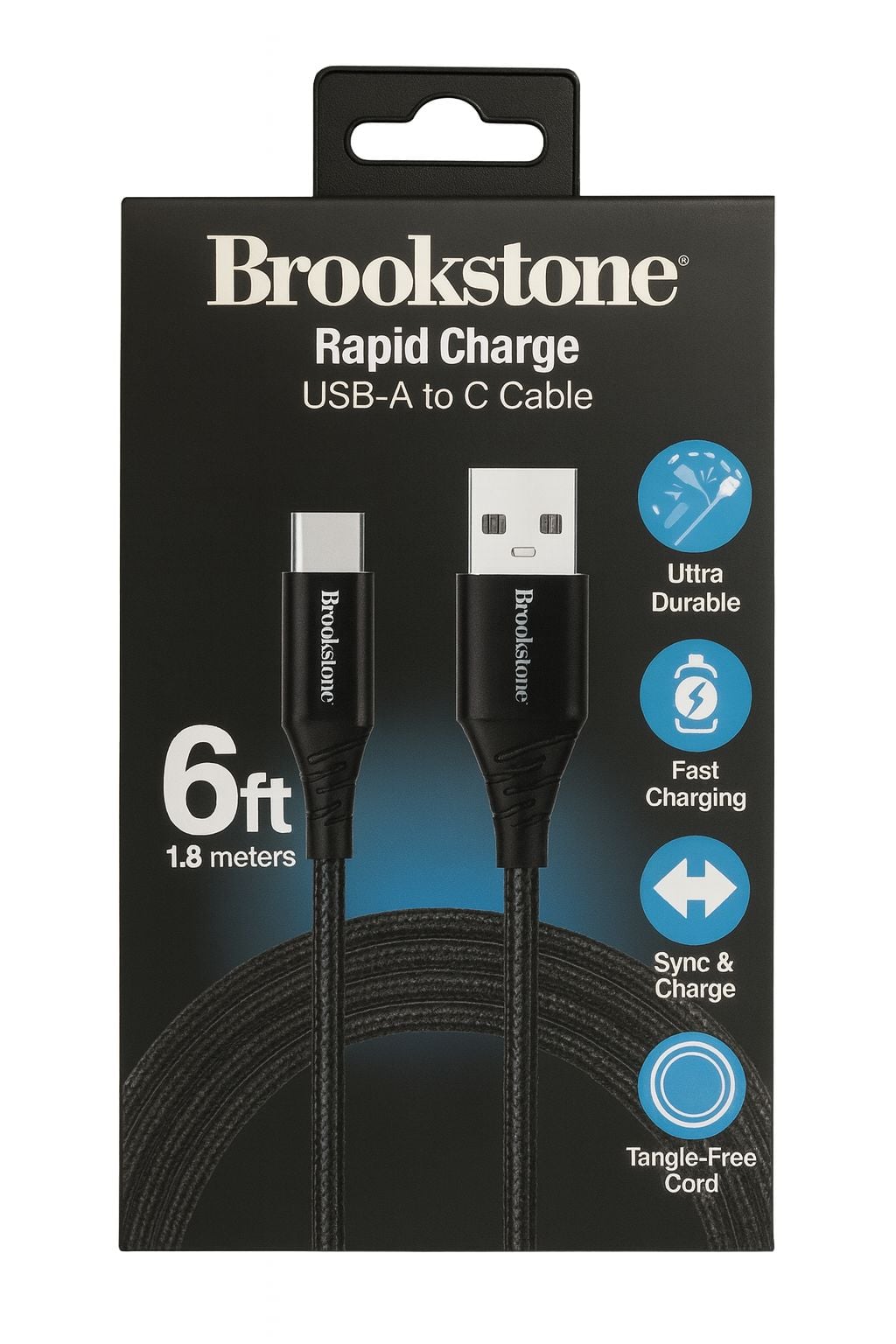 BROOKSTONE 6FT USB-A TO C CABLE RAPID CHARGE - FAST CHARGING - TANGLE FREE - BK13-AC6BR-BK - BLACK (