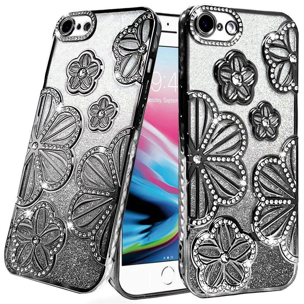For iPhone SE 3 (2022) SE/8/7 Shimmer Glitter Floral Design Thick TPU Case Cover - Black