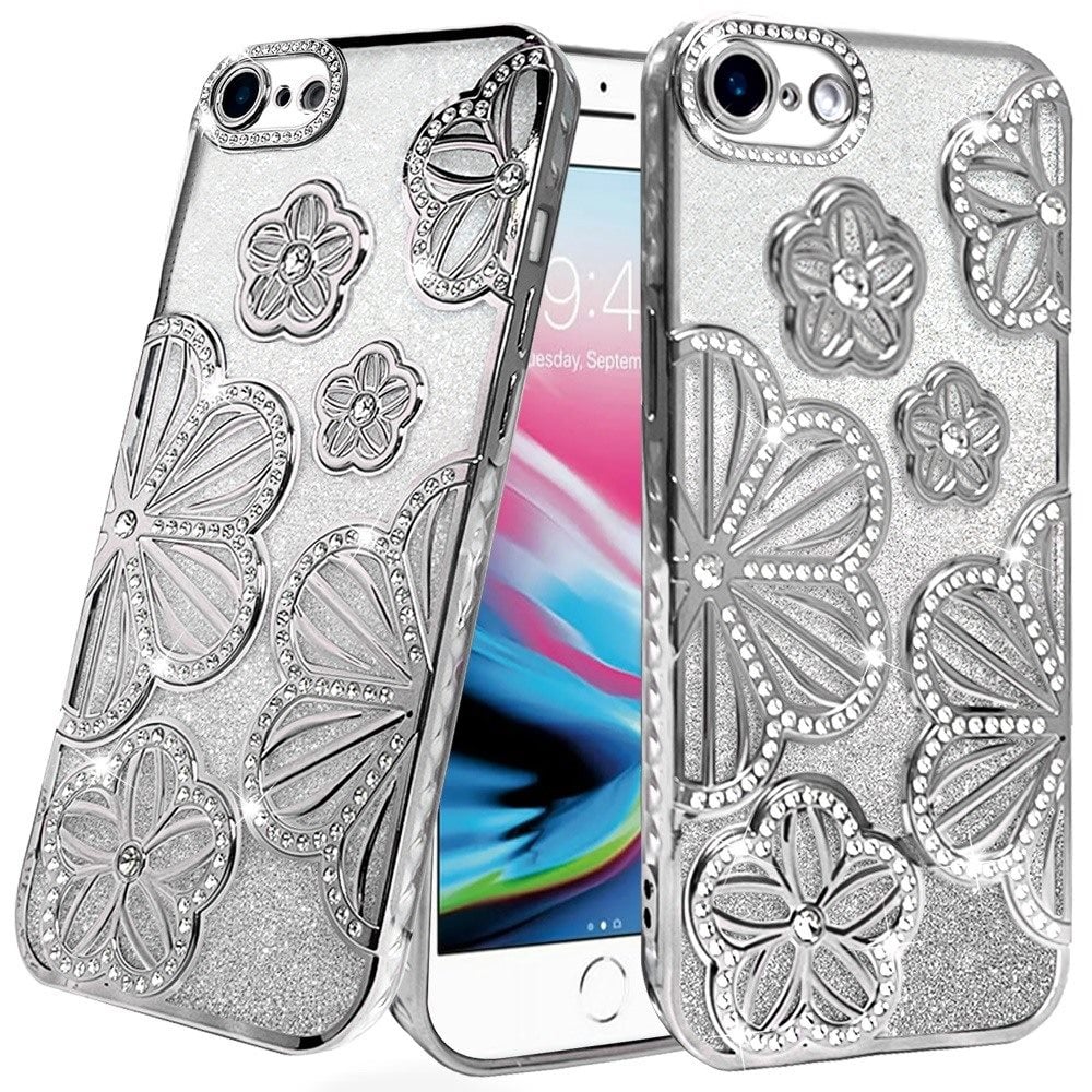For iPhone SE 3 (2022) SE/8/7 Shimmer Glitter Floral Design Thick TPU Case Cover - Silver