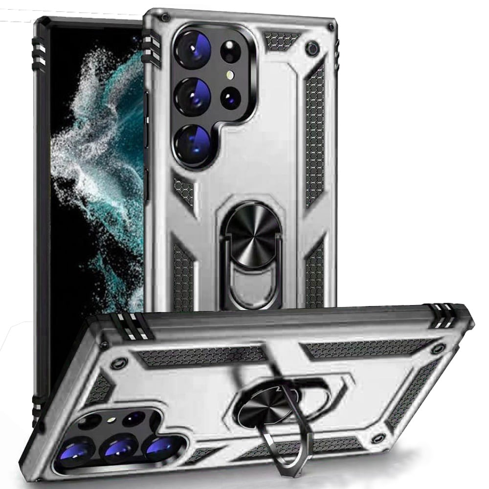 For Samsung S23 Ultra Ring Magnetic Kickstand Hybrid Case Cover - Silver