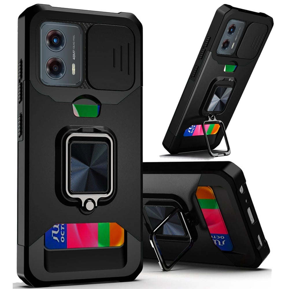 For Motorola Moto G 5G 2024 Multi-Functional Card Magnetic Ring Stand Hybrid Camera Case Cover - Bla