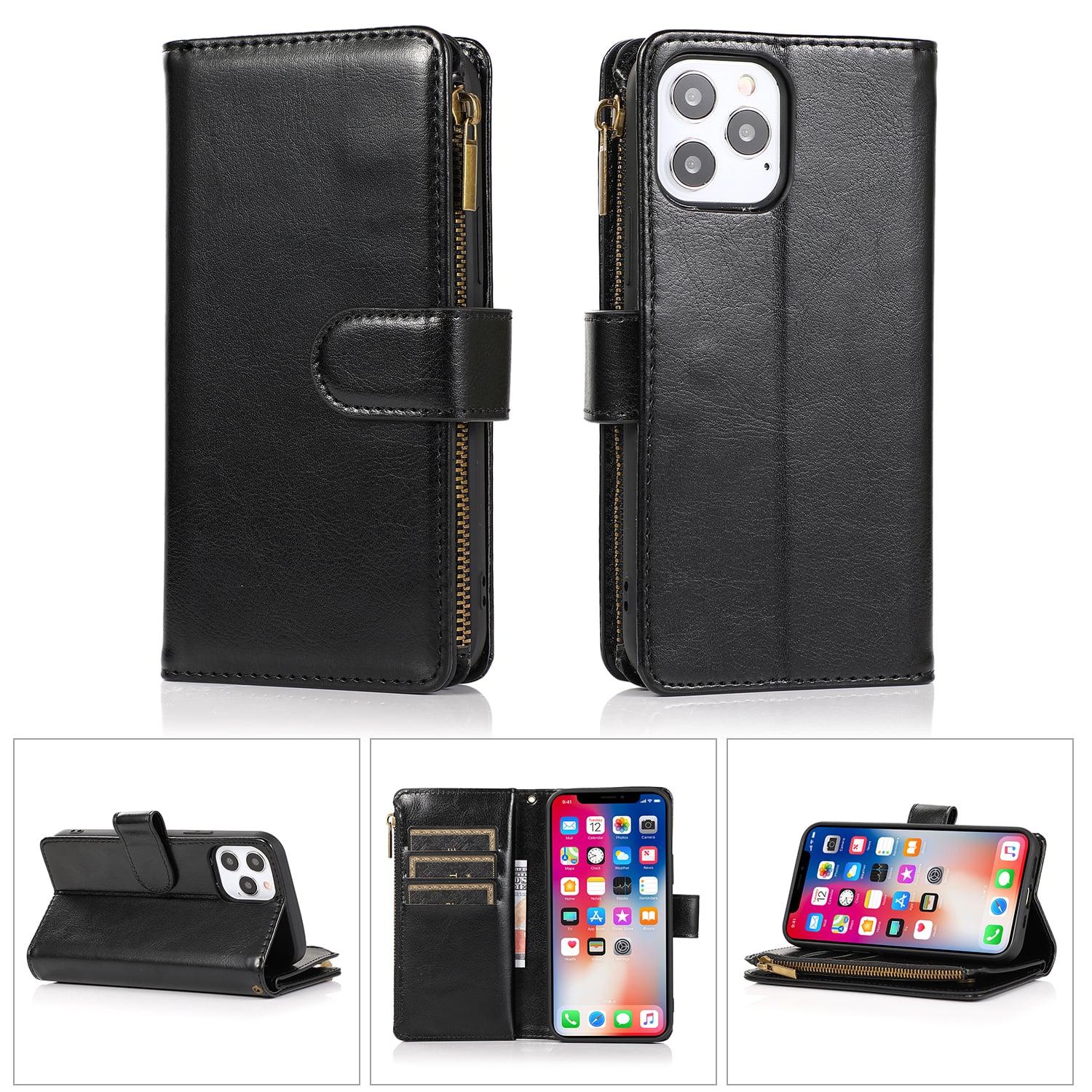 For Samsung Galaxy s20 s11e 6.2inch Luxury Wallet Card ID Zipper Money Holder Case Cover - Black