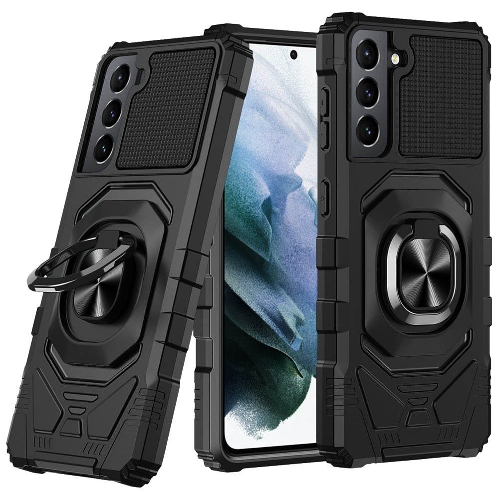For Samsung Galaxy S22 Plus Robotic Hybrid with Magnetic Ring Stand Case Cover - Black