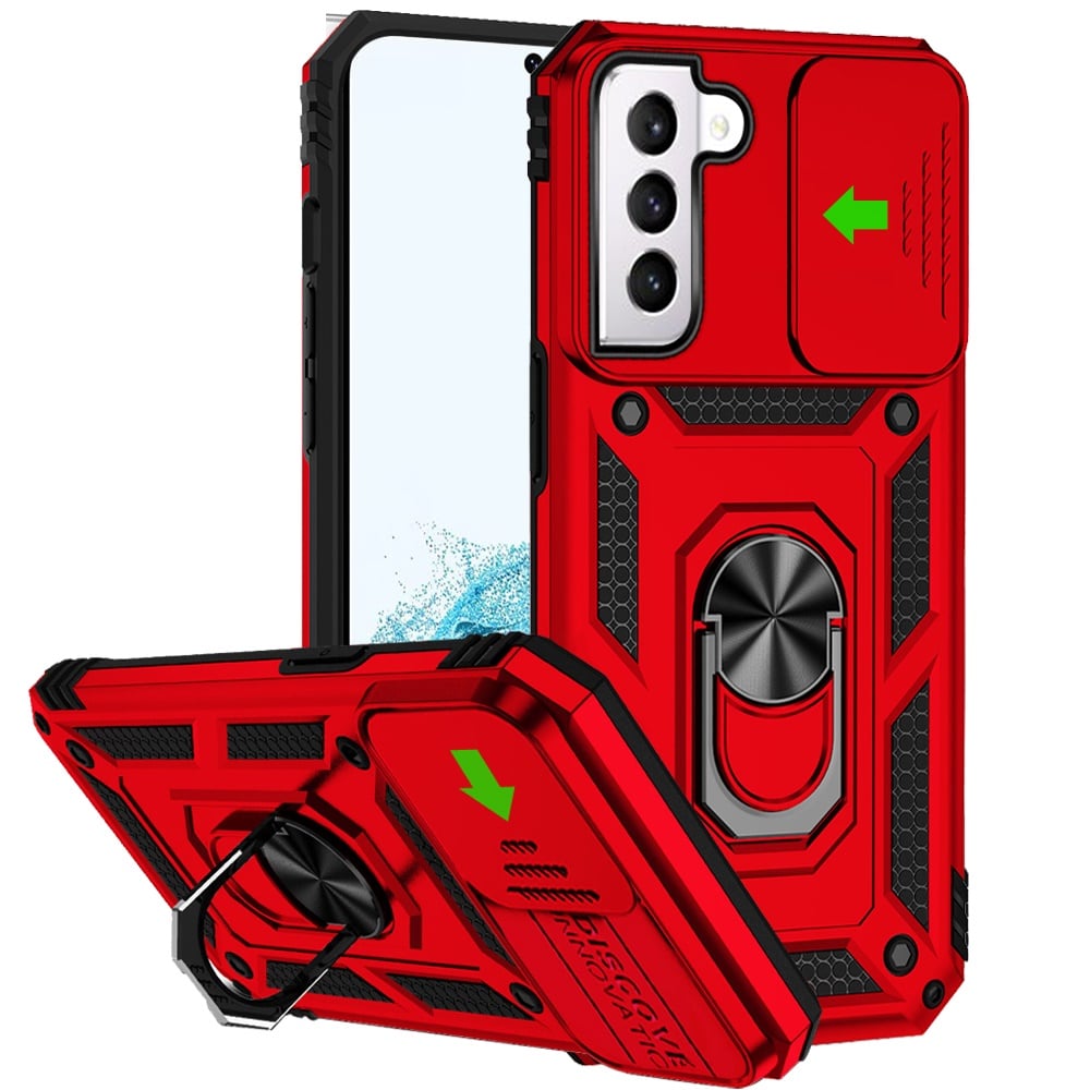 For Samsung Galaxy S22 Ultra Well Protective Magentic Ring Stand Camera Protective Cover Case - Red