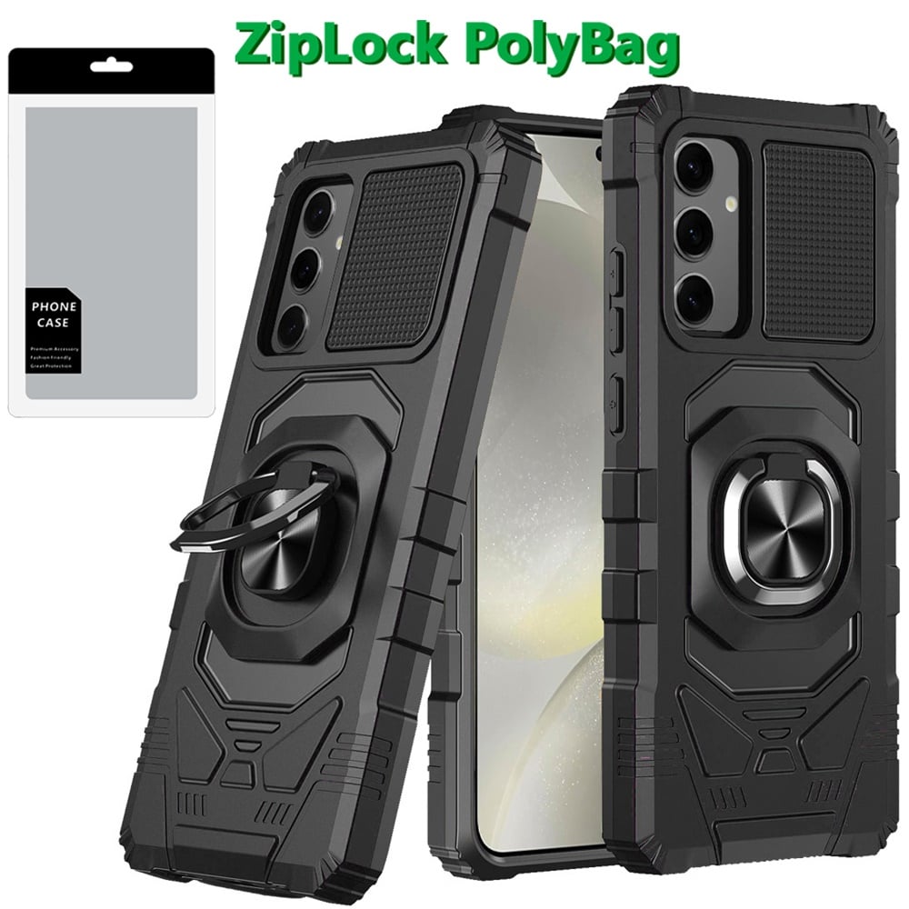 [PolyBag] For Samsung s25 Plus/s24 Plus Robotic Hybrid with Magnetic Ring Stand Case Cover - Black