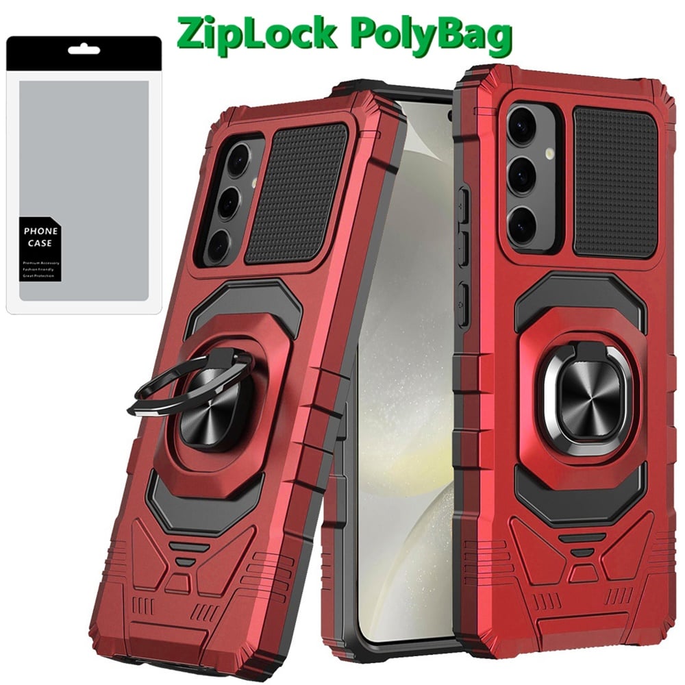 [PolyBag] For Samsung s25 Plus/s24 Plus Robotic Hybrid with Magnetic Ring Stand Case Cover - Red