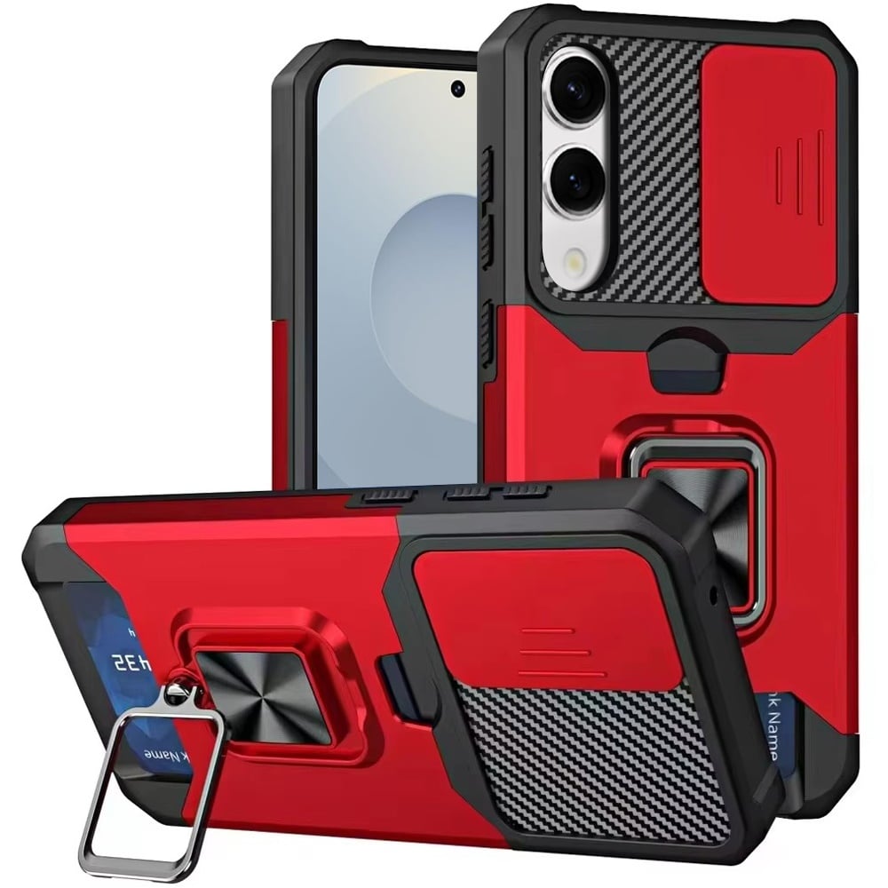 For Samsung Galaxy s25 Edge Multi-Functional Card Magnetic Ring Stand Hybrid Camera Case Cover - Red