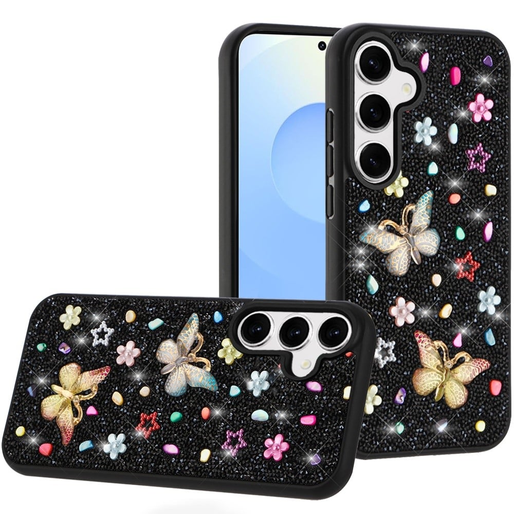 For Samsung s25 Plus/s24 Plus Butterfly Ornaments Diamond Bling Glitter Hybrid Case - Black