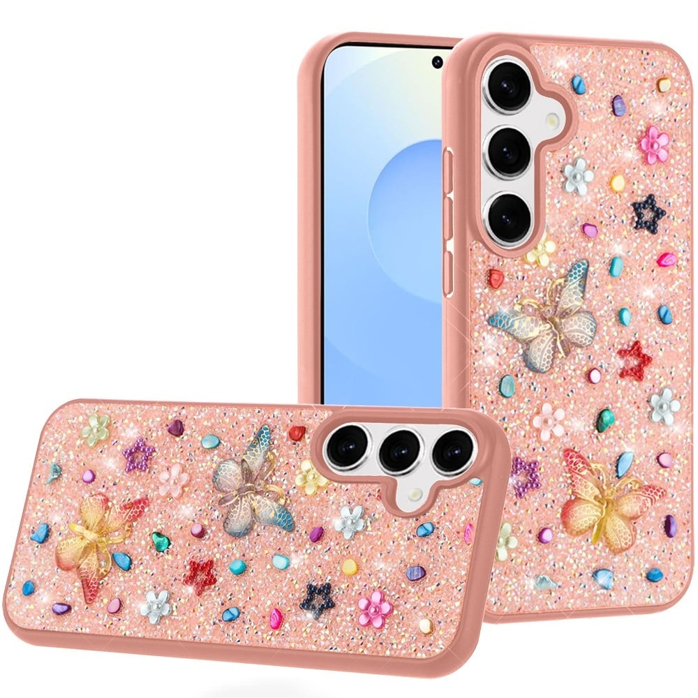 For Samsung s25 Plus/s24 Plus Butterfly Ornaments Diamond Bling Glitter Hybrid Case - Light Pink