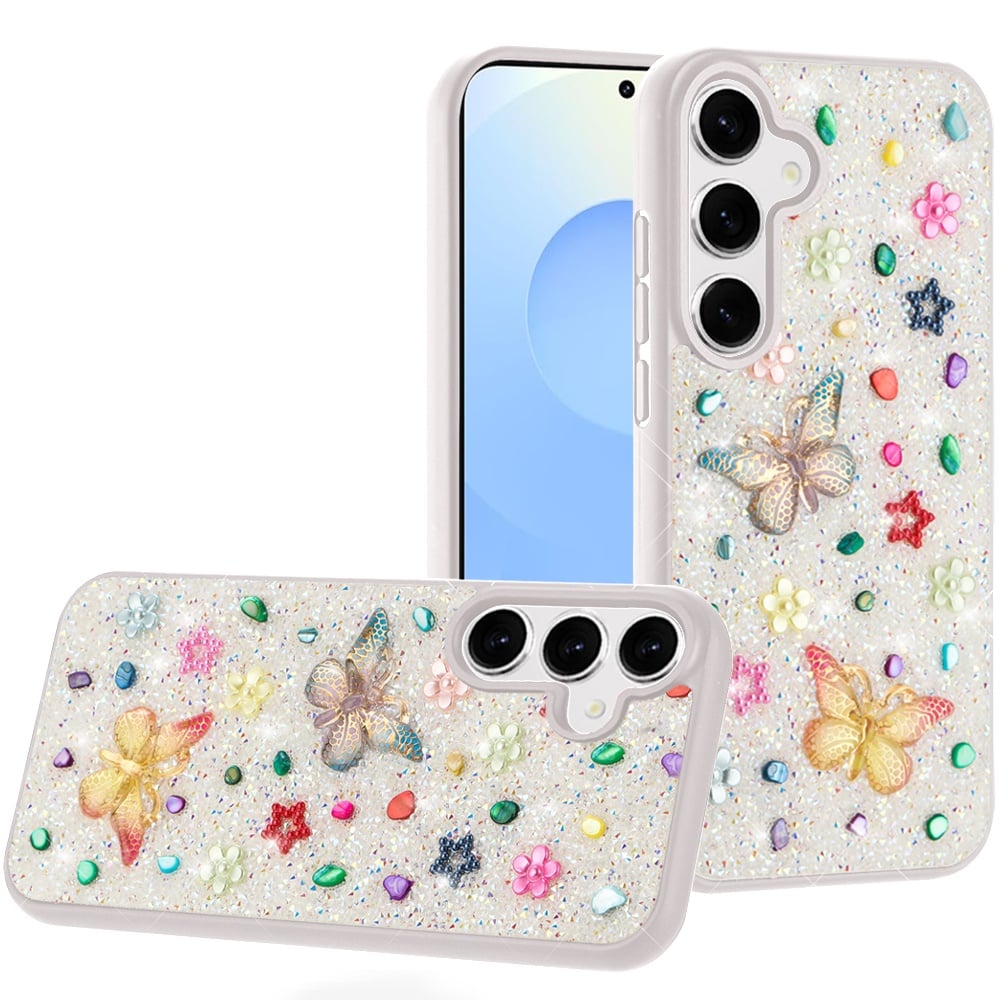 For Samsung s25 Plus/s24 Plus Butterfly Ornaments Diamond Bling Glitter Hybrid Case - White