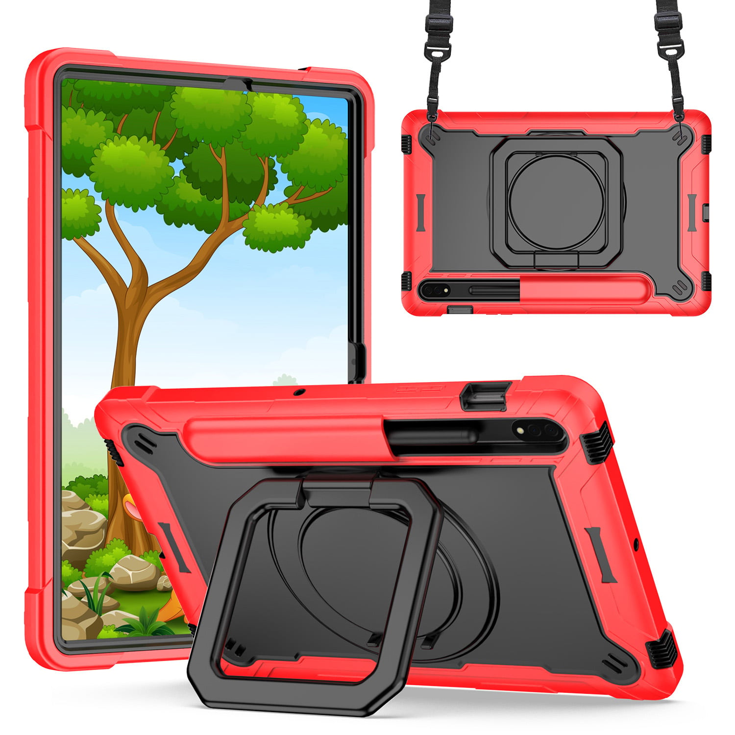 For Samsung Tab S8 / Tab S7 Tablet Tough Hybrid Rotating 360 Degree Kickstand - Red+Black