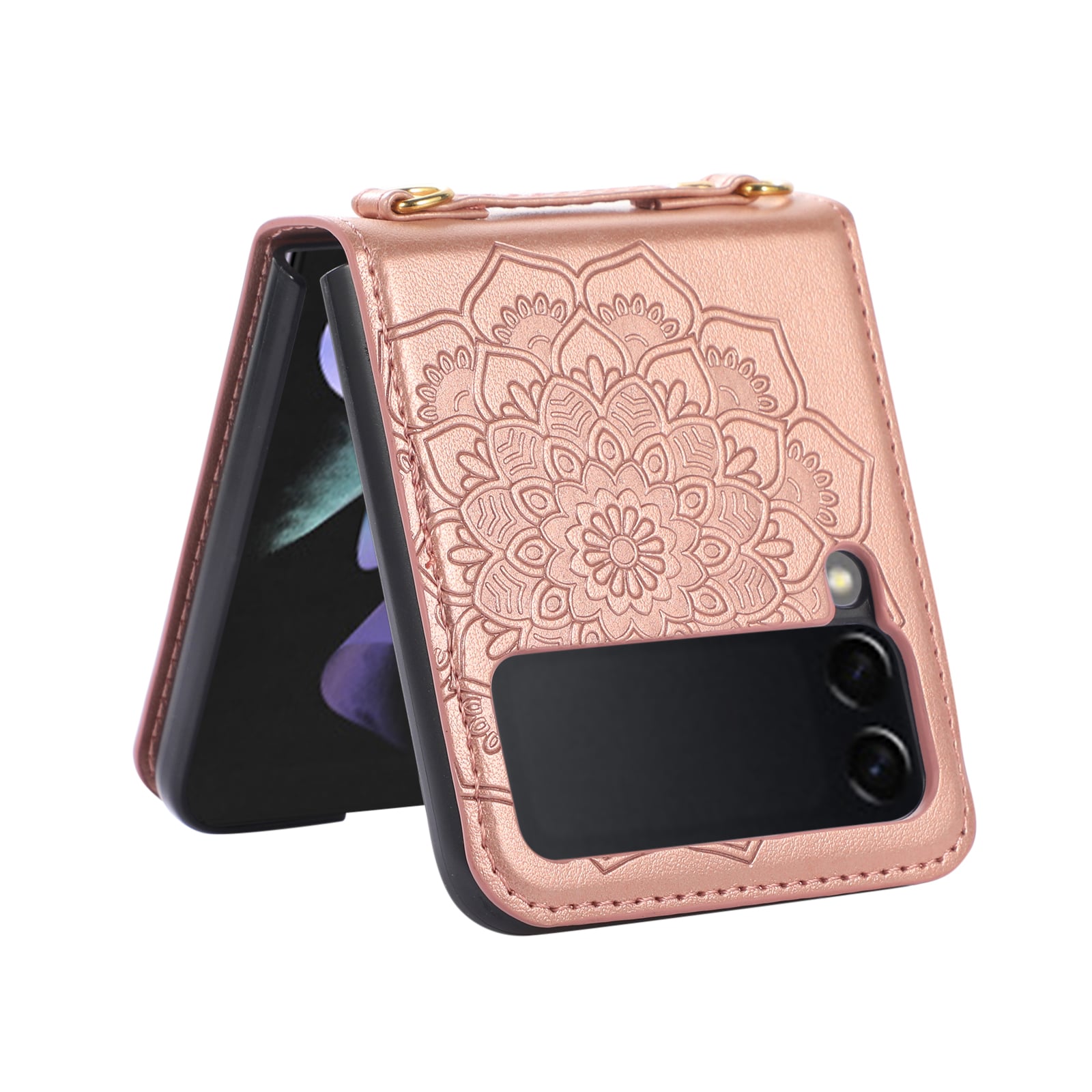 For Samsung Z Flip 7FE / Flip 6 Embossed Floral Design Case Cover with Strap - Rose Gold