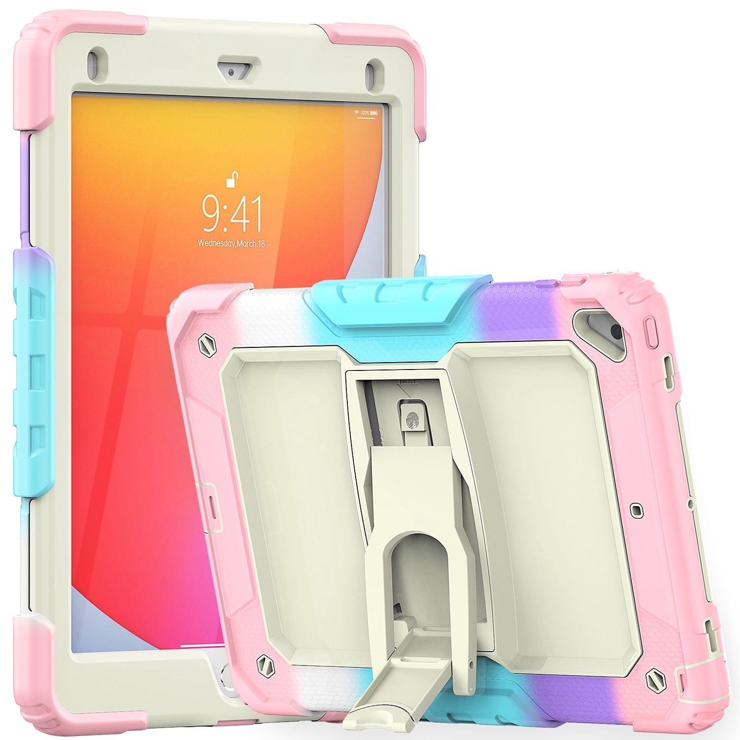 For Apple New iPad 9.7 inch Heavy Duty Full Body Rugged Tablet Kickstand Case Cover - Beige/Camo Pin
