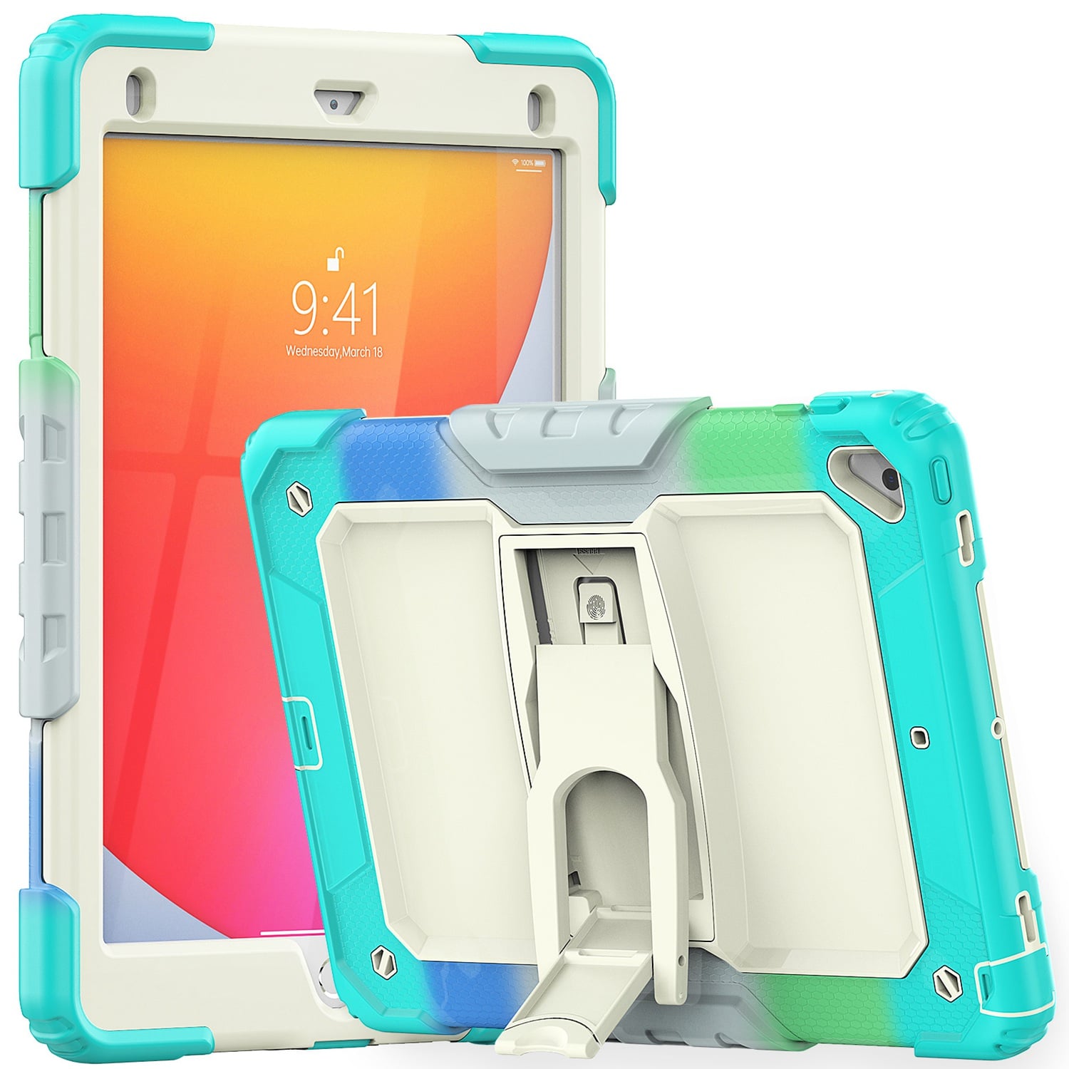 For Apple New iPad 9.7 inch Heavy Duty Full Body Rugged Tablet Kickstand Case Cover - Beige/Camo Min