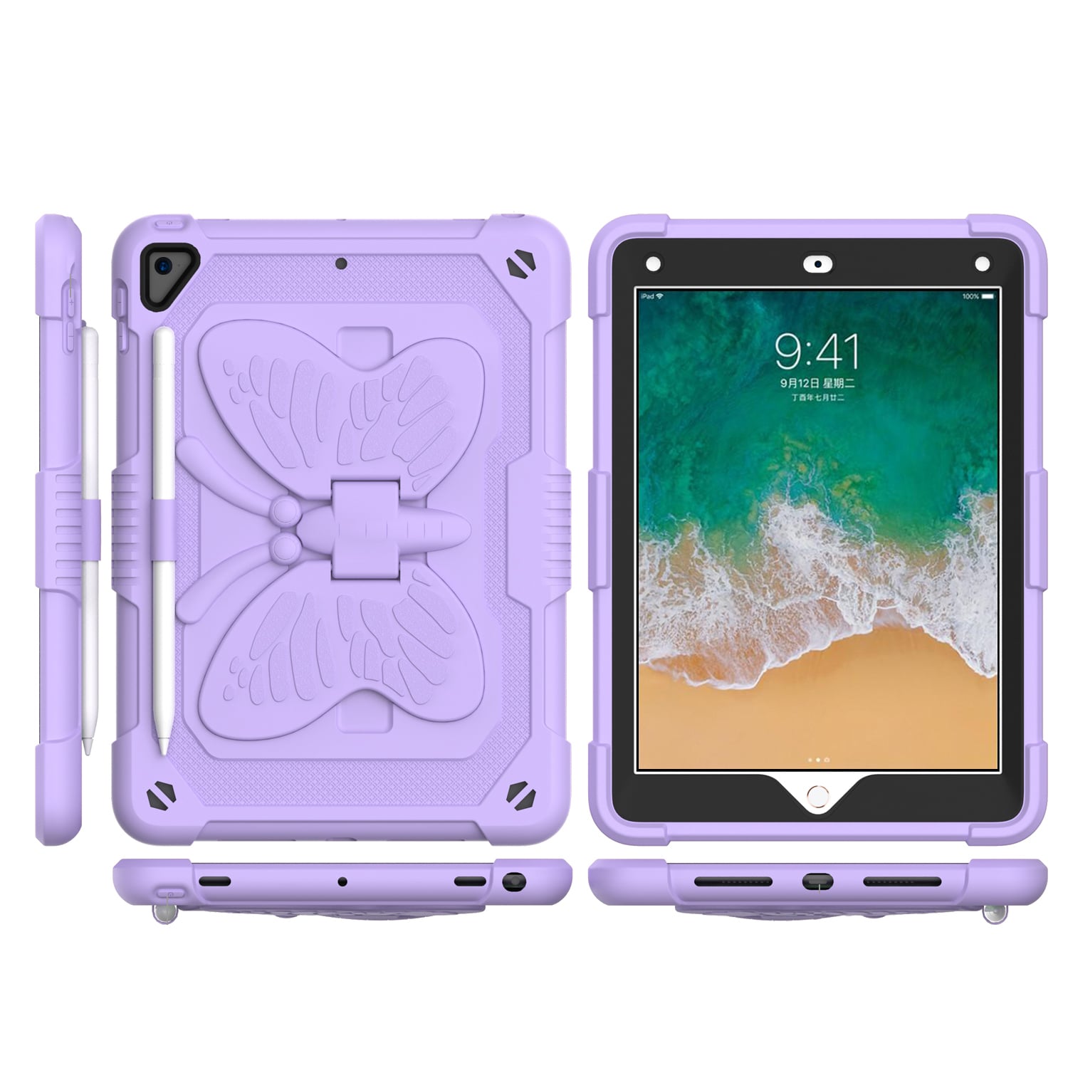 For Apple New iPad 9.7 inch Butterfly Kickstand 3in1 Tough Hybrid Case Cover with Shoulder Strap - L