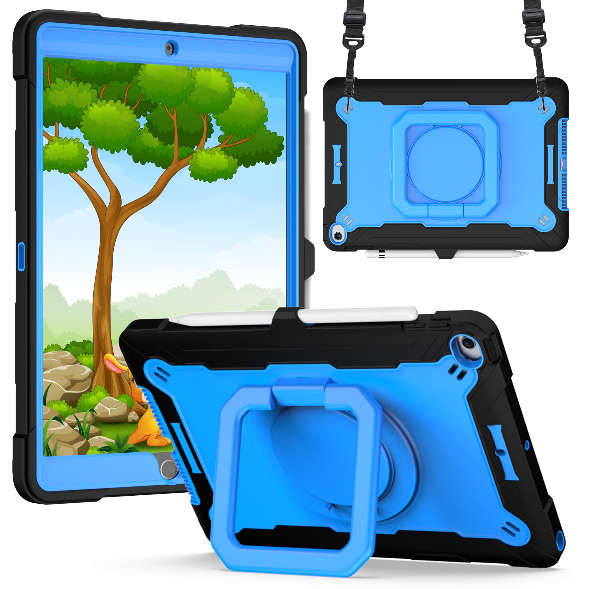 For Apple iPad 9th 8th 7th Gen 10.2 inch Tablet Tough Hybrid Rotating 360 Degree Kickstand - Black+B