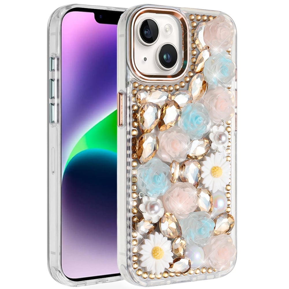 For iPhone 13/14 Spectacular Full Bling Stones Glitter HQ Hybrid Floral Series - Gold