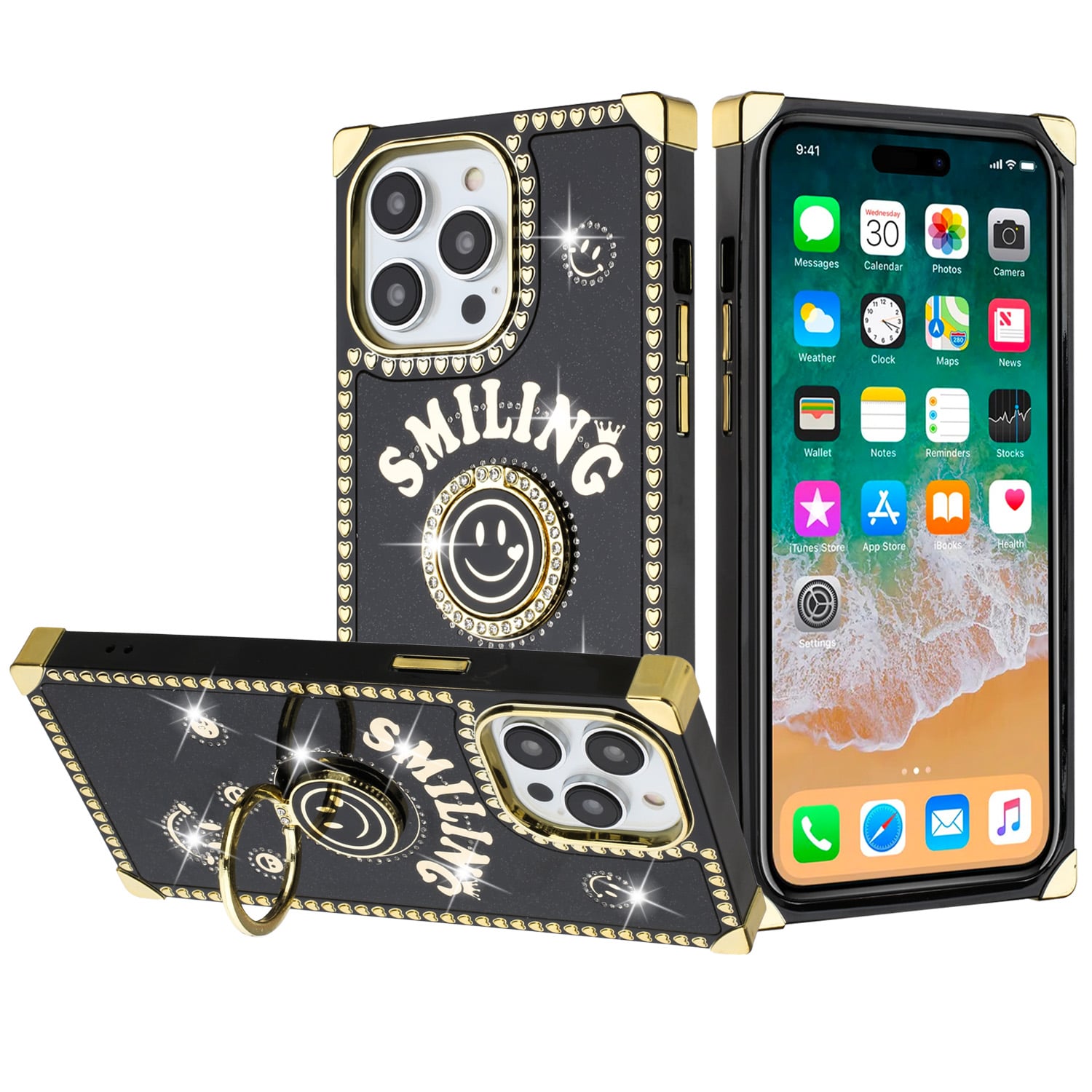 For Apple iPhone 14 PRO 6.1" Passion Hearts Smiling Diamond Ring Stand Case Cover - Black