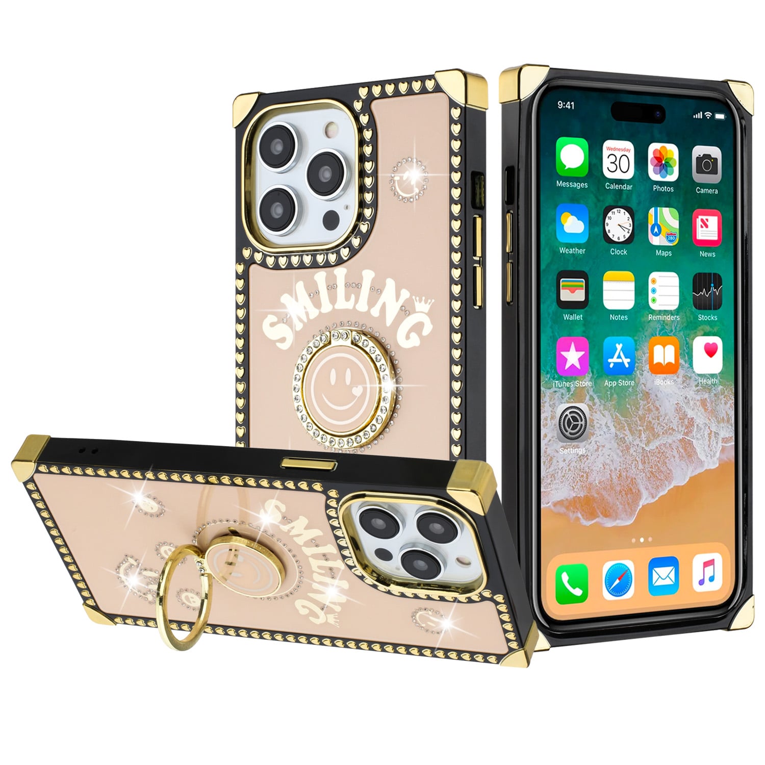 For Apple iPhone 14 PRO 6.1" Passion Hearts Smiling Diamond Ring Stand Case Cover - Gold