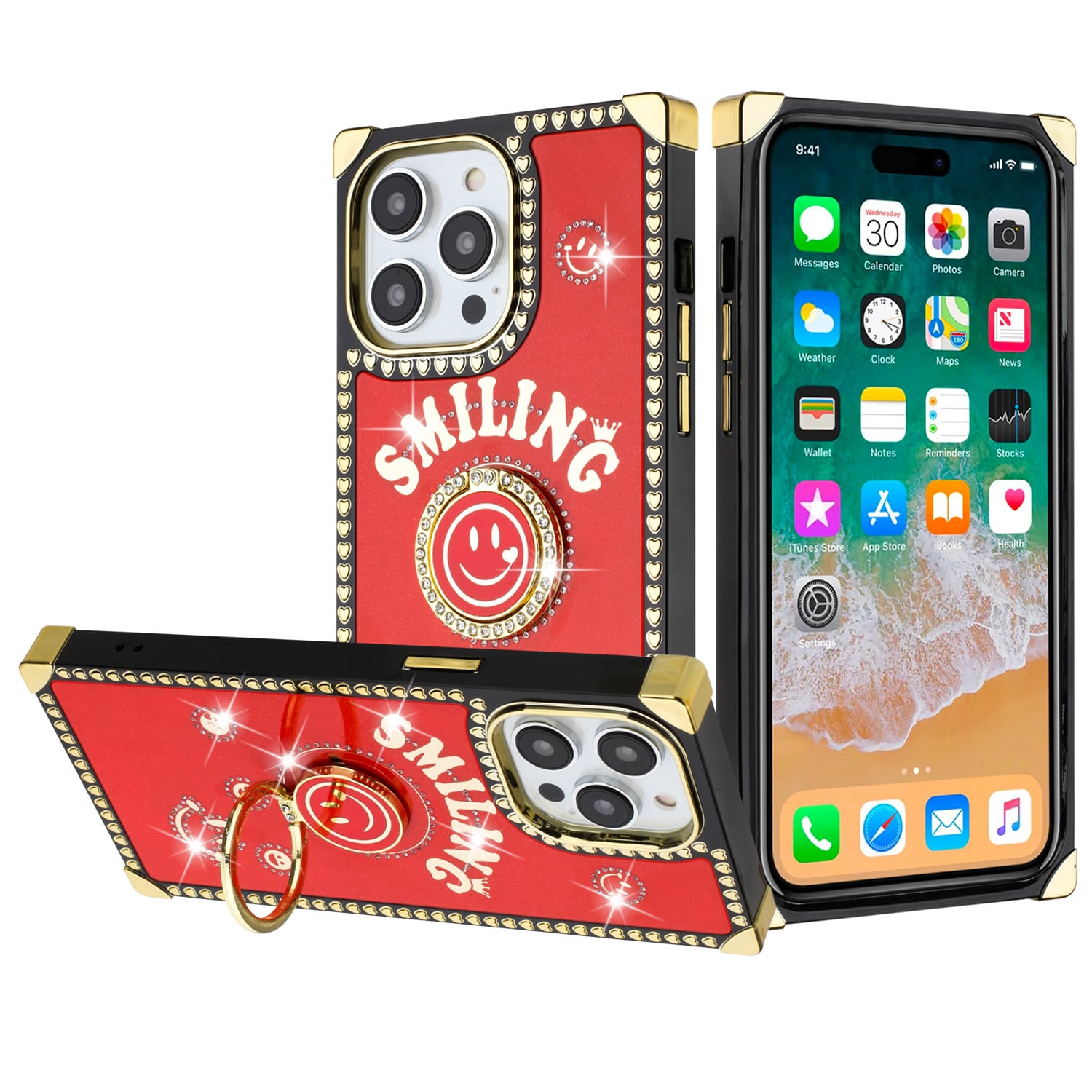For Apple iPhone 14 PRO 6.1" Passion Hearts Smiling Diamond Ring Stand Case Cover - Red