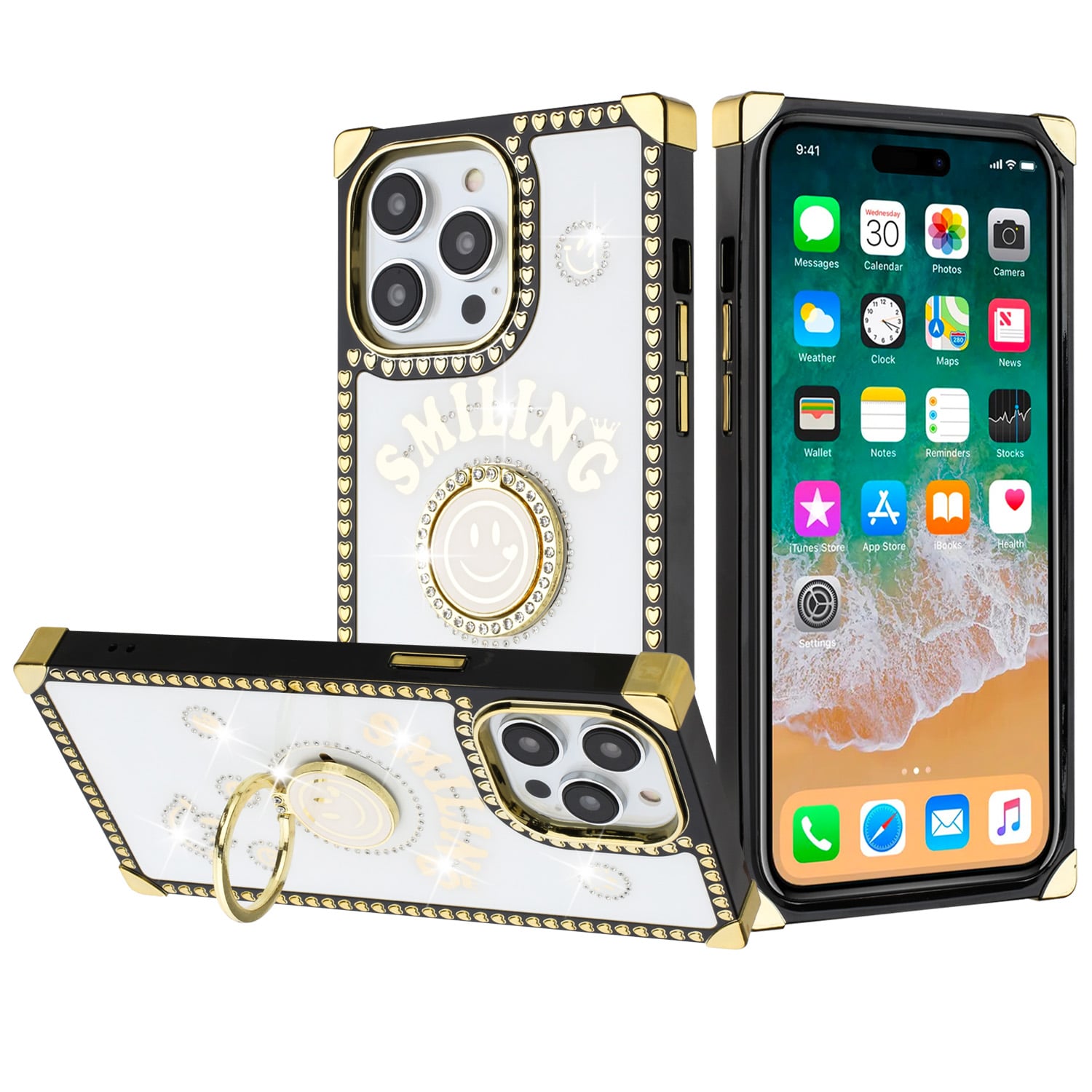 For Apple iPhone 14 PRO 6.1" Passion Hearts Smiling Diamond Ring Stand Case Cover - White
