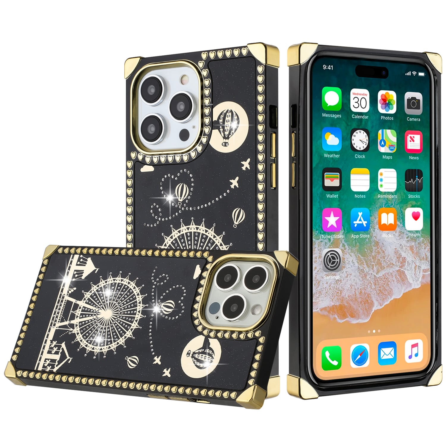 For Apple iPhone 14 PRO 6.1" Passion Hearts WindMill Love Balloon Fun Case Cover - Black