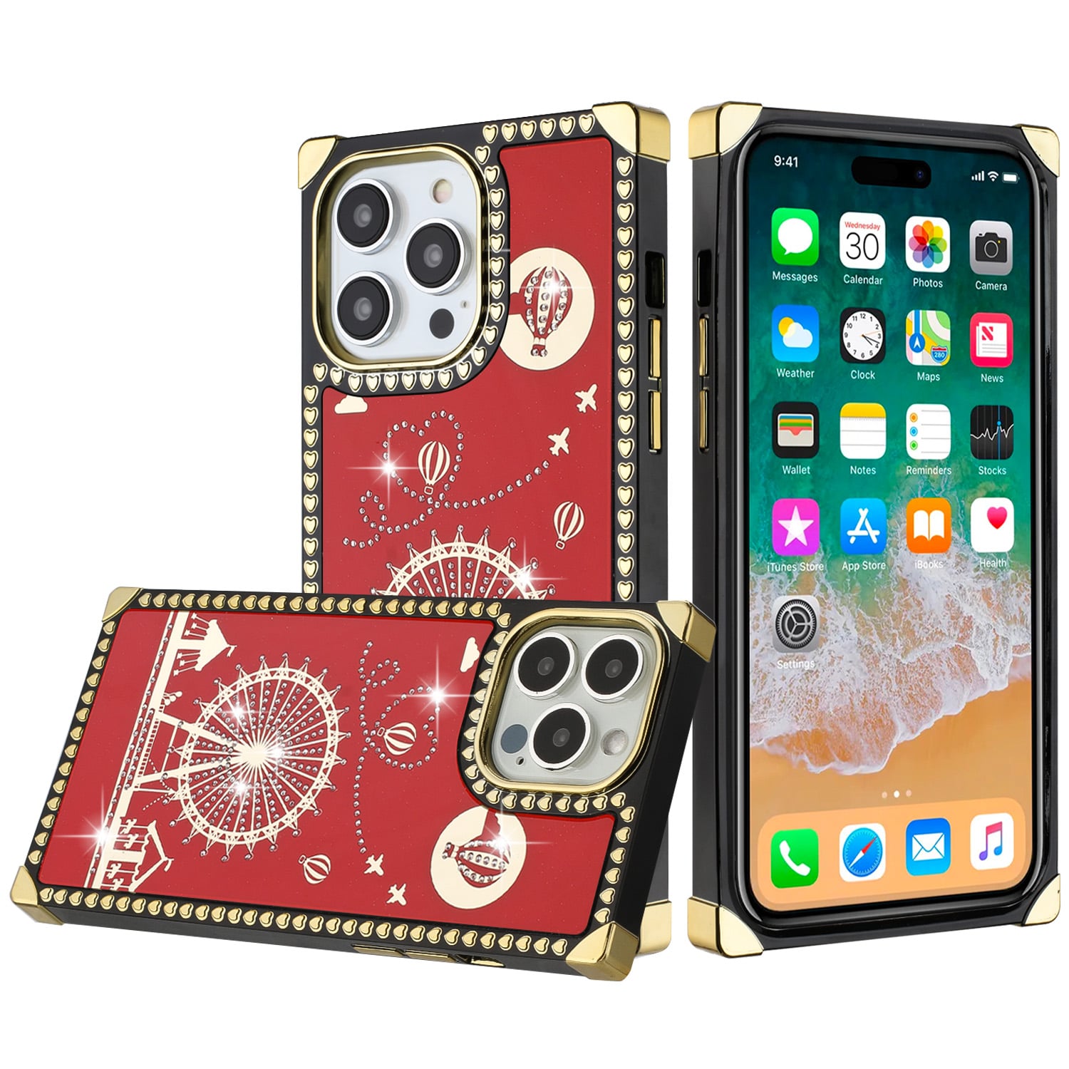 For Apple iPhone 14 PRO 6.1" Passion Hearts WindMill Love Balloon Fun Case Cover - Red