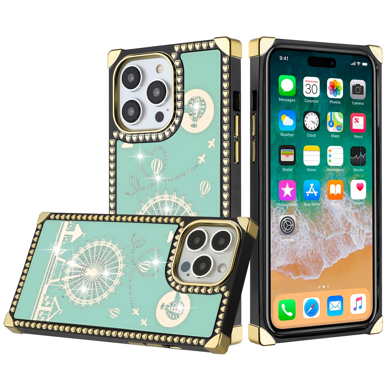 For Apple iPhone 14 PRO 6.1" Passion Hearts WindMill Love Balloon Fun Case Cover - Teal