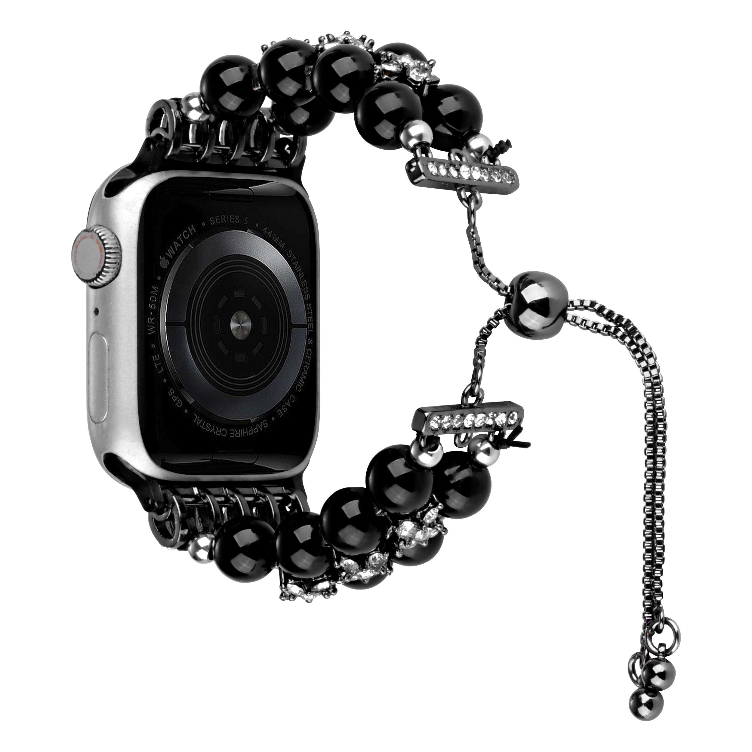 For Apple Watch Size Ultra 49/42/44/45mm Pearls Strand Beautiful Metal Watchband - Black