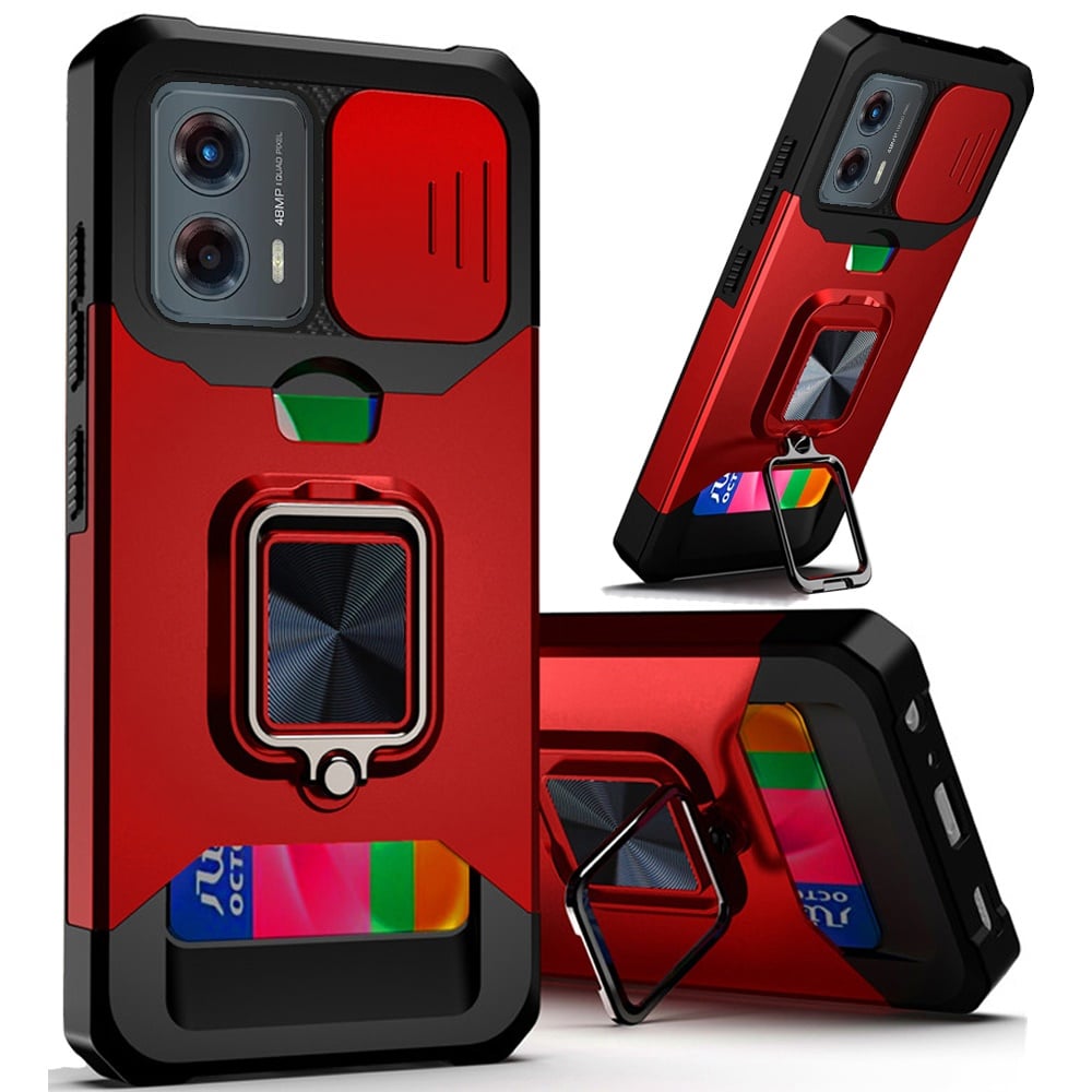 For Motorola Moto G 5G 2024 Multi-Functional Card Magnetic Ring Stand Hybrid Camera Case Cover - Red