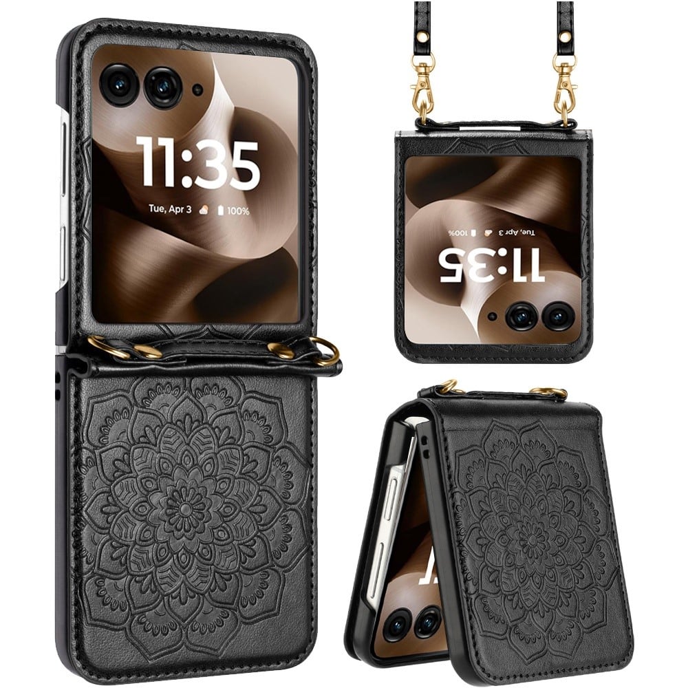 For Motorola Razr Ultra 2025 Embossed Floral Design Case Cover with Strap - Black