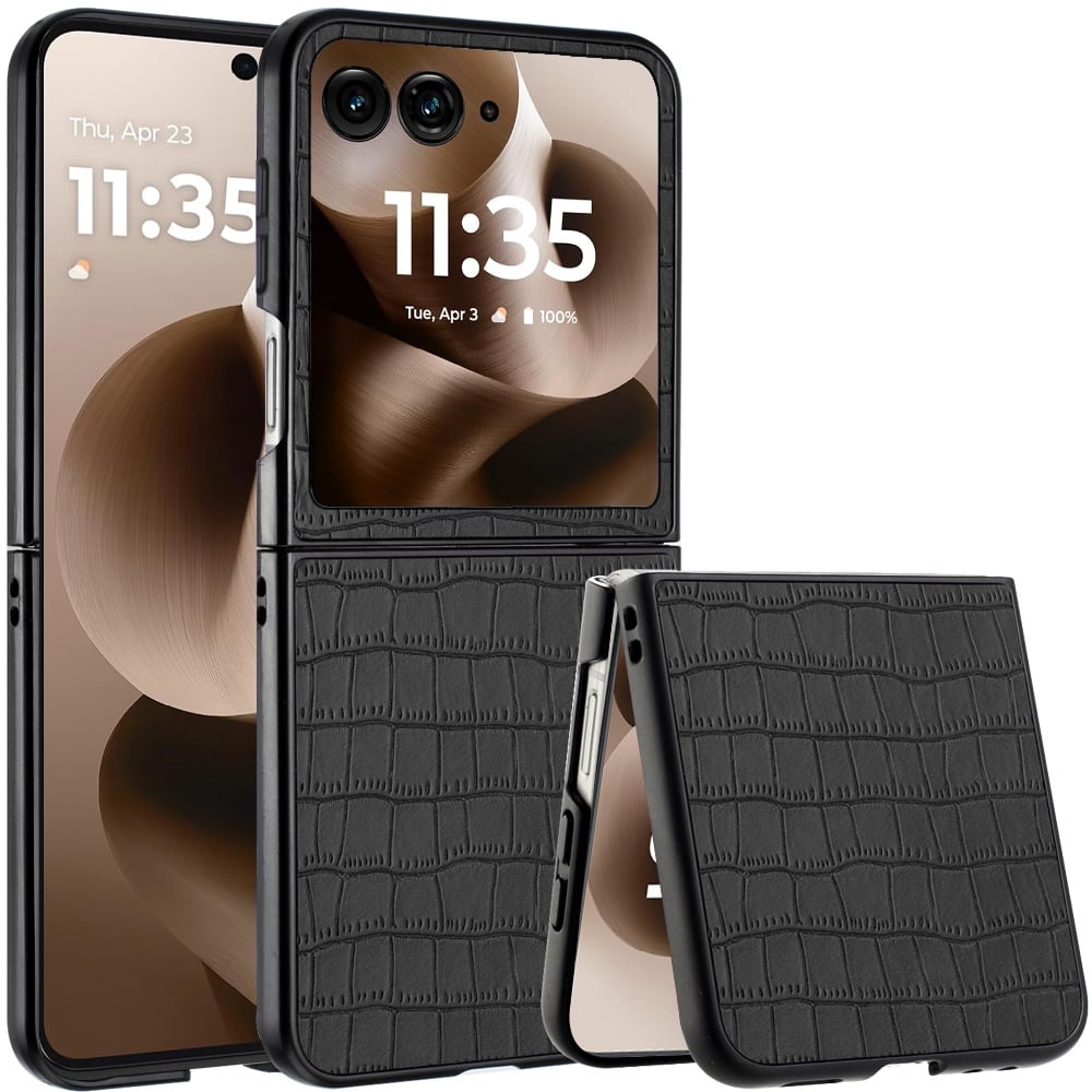 For Motorola Razr Ultra 2025 PU Vegan Leather Premium Hard Snap On Case Cover - Black