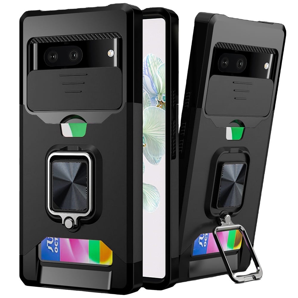For Google Pixel 7 Multi-Functional Card Magnetic Ring Stand Hybrid Camera Case Cover - Black