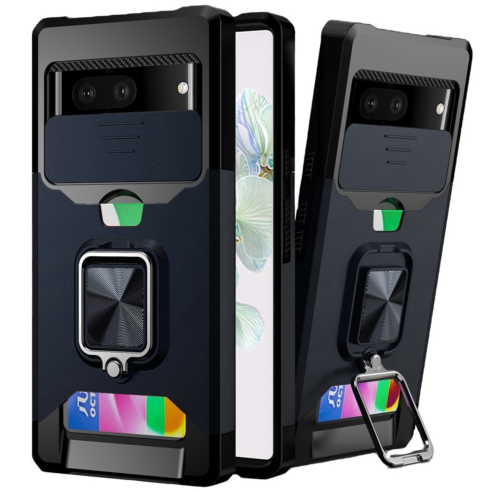For Google Pixel 7 Multi-Functional Card Magnetic Ring Stand Hybrid Camera Case Cover - Blue