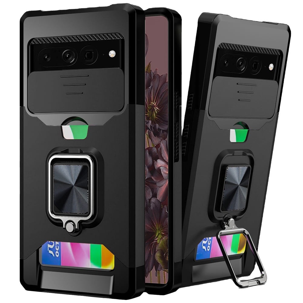 For Google Pixel 7 Pro Multi-Functional Card Magnetic Ring Stand Hybrid Camera Case Cover - Black
