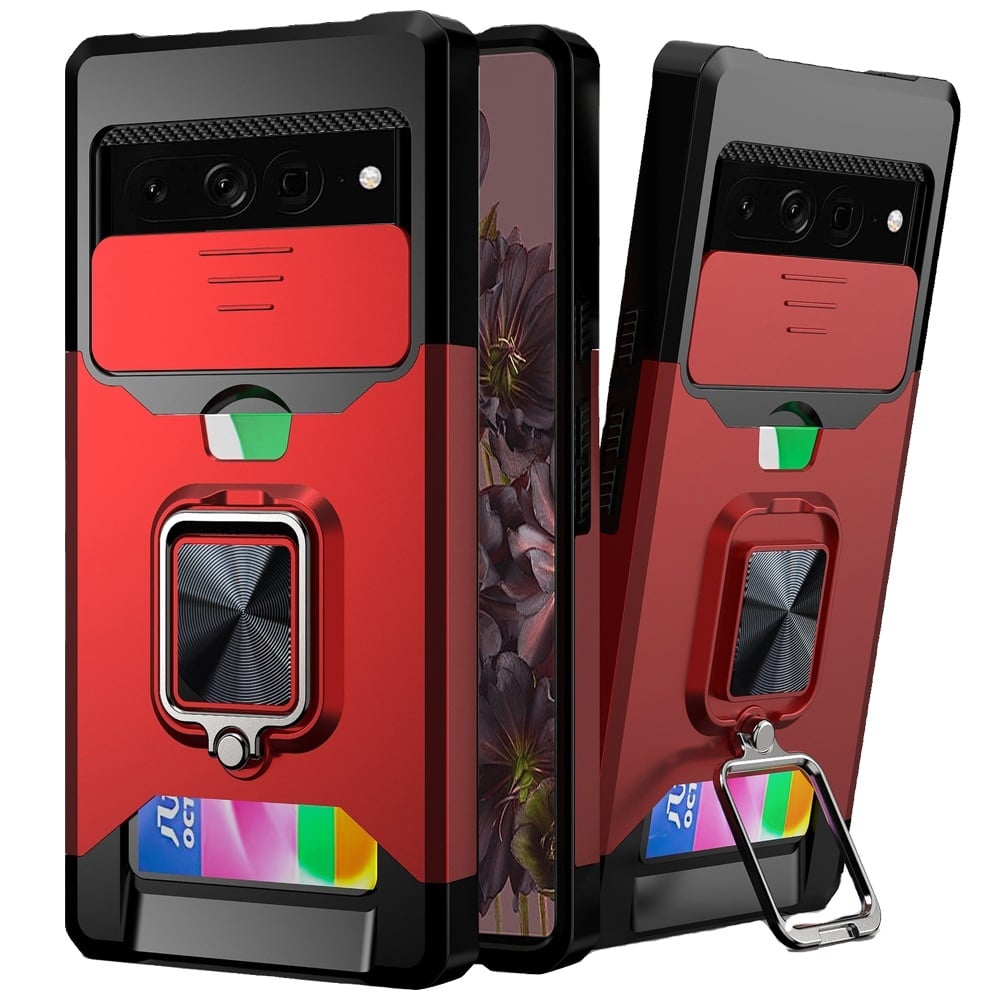 For Google Pixel 7 Pro Multi-Functional Card Magnetic Ring Stand Hybrid Camera Case Cover - Red