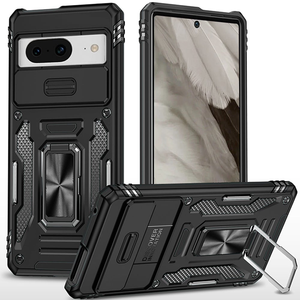 For Google Pixel 8 5G Utter Tough Metal Ring Movable Camera Window Hybrid Case Cover - Black