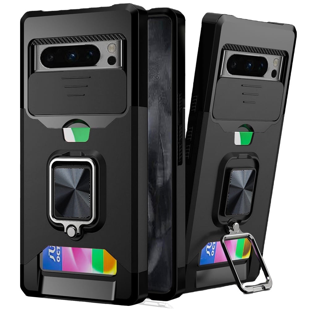 For Google Pixel 8 Pro 5G Multi-Functional Card Magnetic Ring Stand Hybrid Camera Case Cover - Black