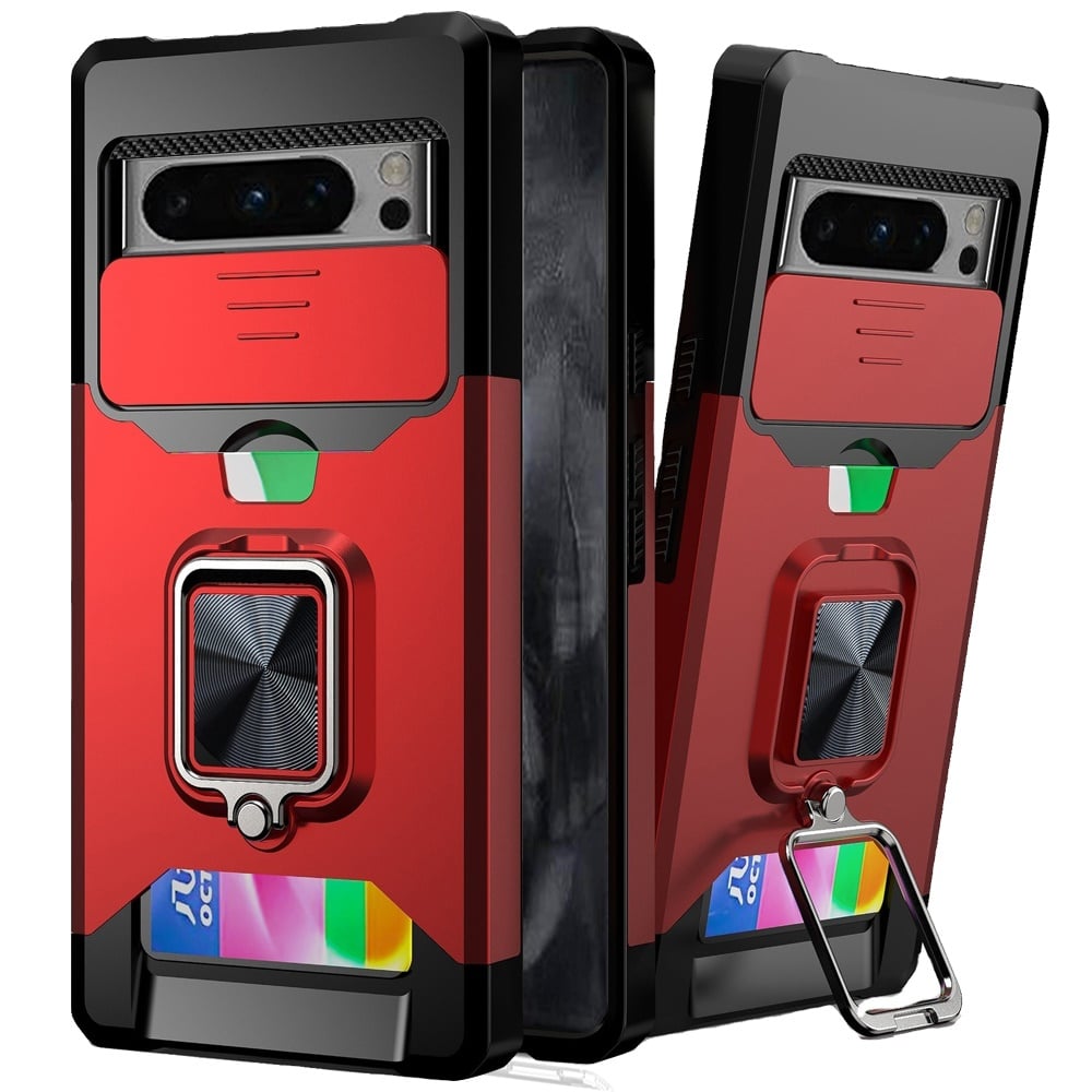 For Google Pixel 8 Pro 5G Multi-Functional Card Magnetic Ring Stand Hybrid Camera Case Cover - Red