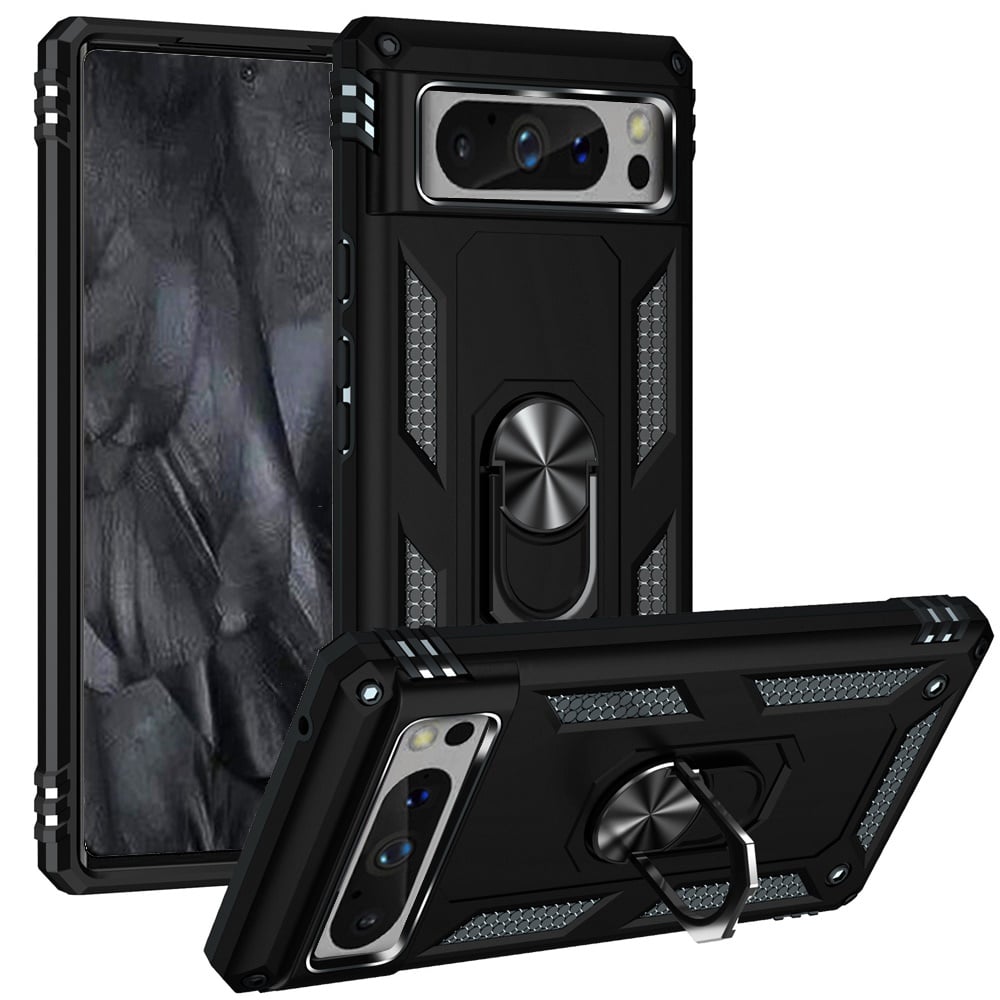 For Google Pixel 8 Pro 5G Ring Magnetic Kickstand Hybrid Case Cover - Black