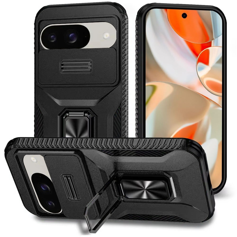 For Google Pixel 9 6.3inch Complete Magnetic Metal Ring Stand Camera Protection Hybrid - Black