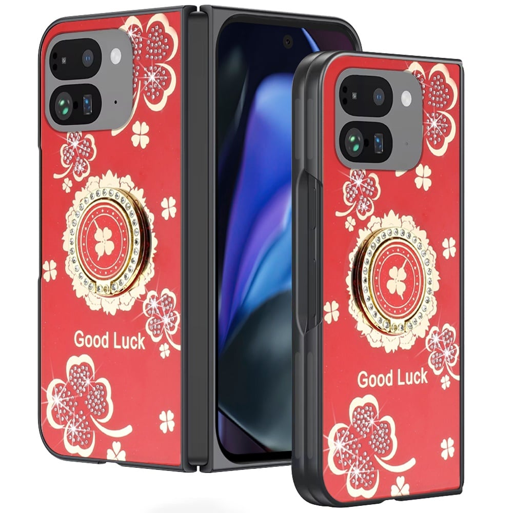 For Google Pixel 9 Pro Fold SPLENDID Diamond Glitter Ornaments Engraving - Good Luck Floral Red