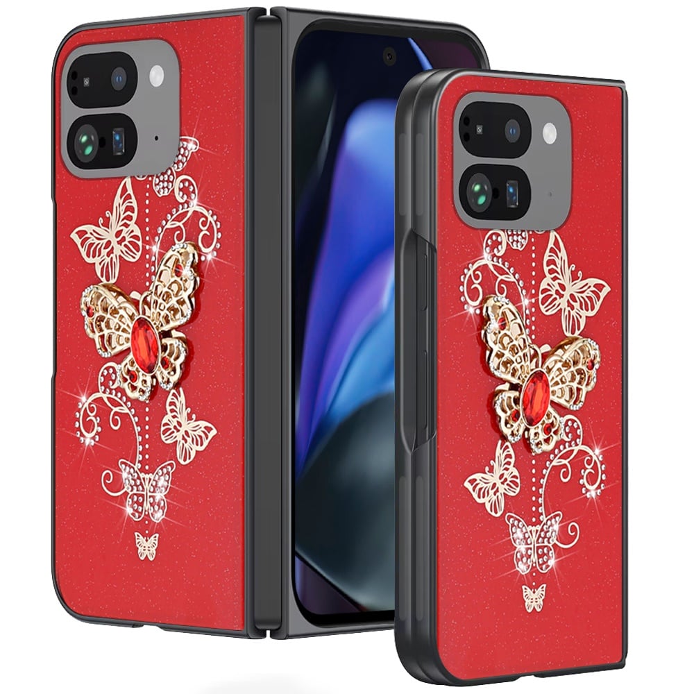 For Google Pixel 9 Pro Fold SPLENDID Diamond Glitter Ornaments Engraving - Garden Butterflies Red