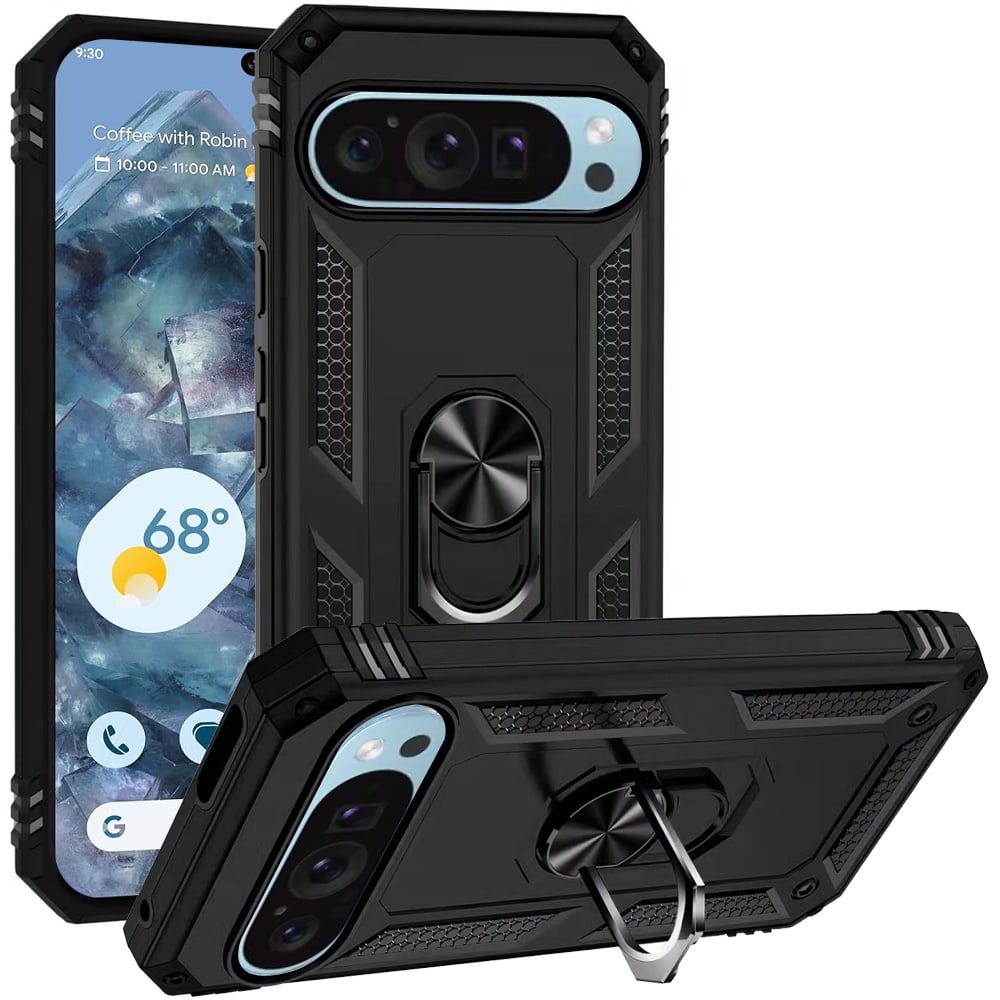 For Google Pixel 9 Pro 6.8inch Ring Magnetic Kickstand Hybrid Case Cover - Black