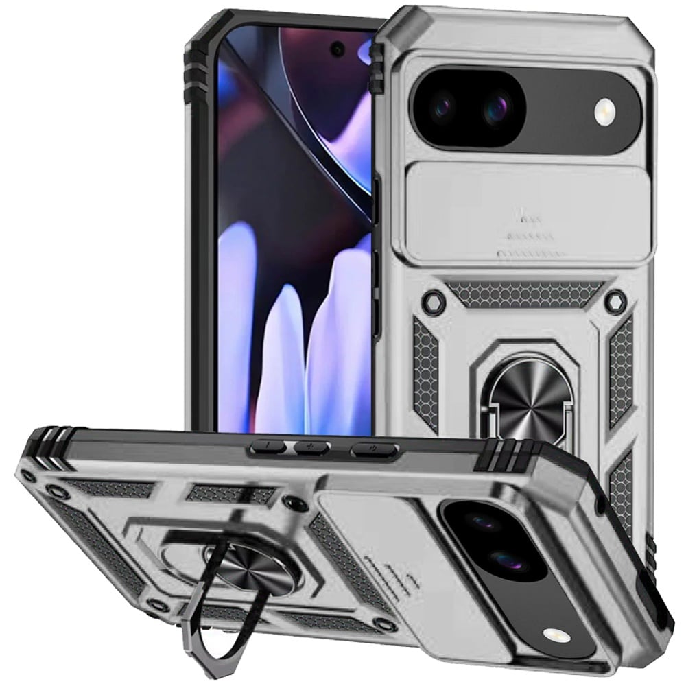 For Google Pixel 9A Well Protective Magentic Ring Stand Camera Protective Cover Case - Silver