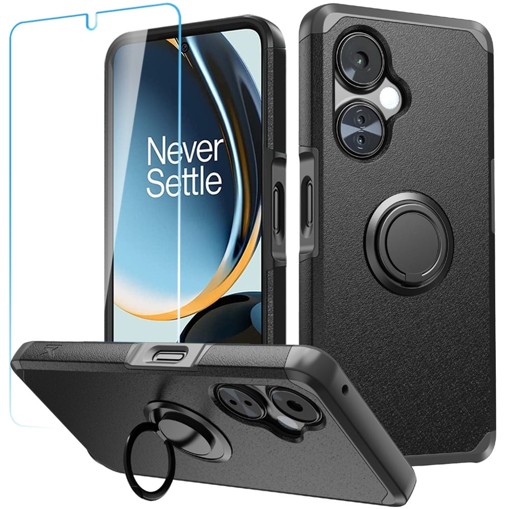 For OnePlus Nord N30 5G Tough Hybrid With Ring Stand + Tempered Glass - Black