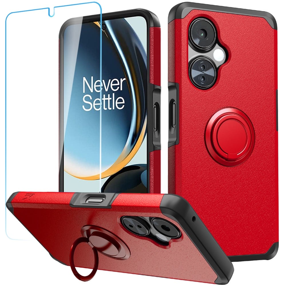 For OnePlus Nord N30 5G Tough Hybrid With Ring Stand + Tempered Glass - Red