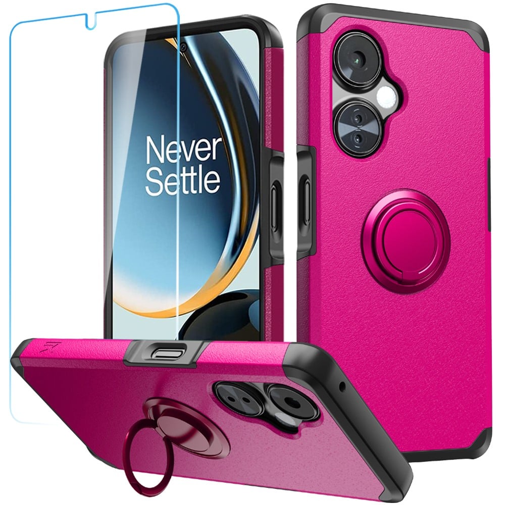 For OnePlus Nord N30 5G Tough Hybrid With Ring Stand + Tempered Glass - Hot Pink
