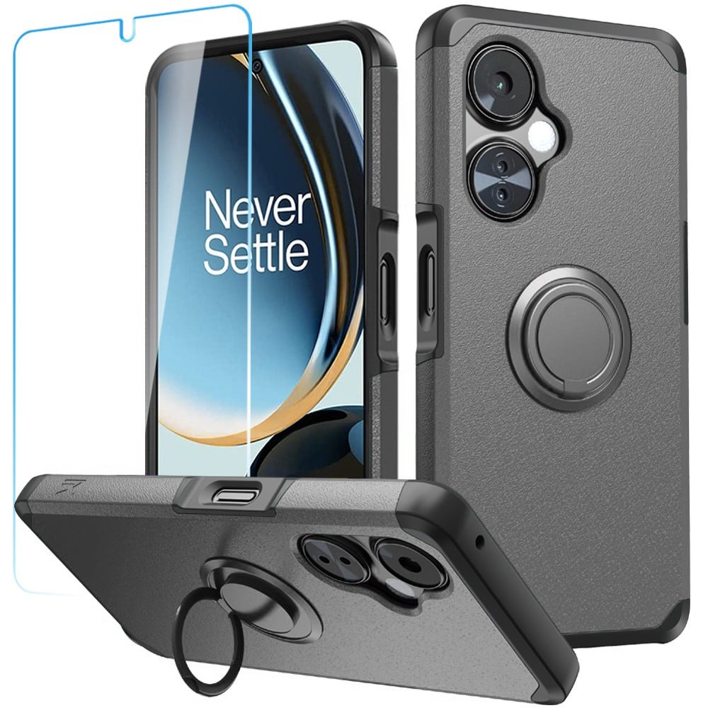 For OnePlus Nord N30 5G Tough Hybrid With Ring Stand + Tempered Glass - Charcoal Grey